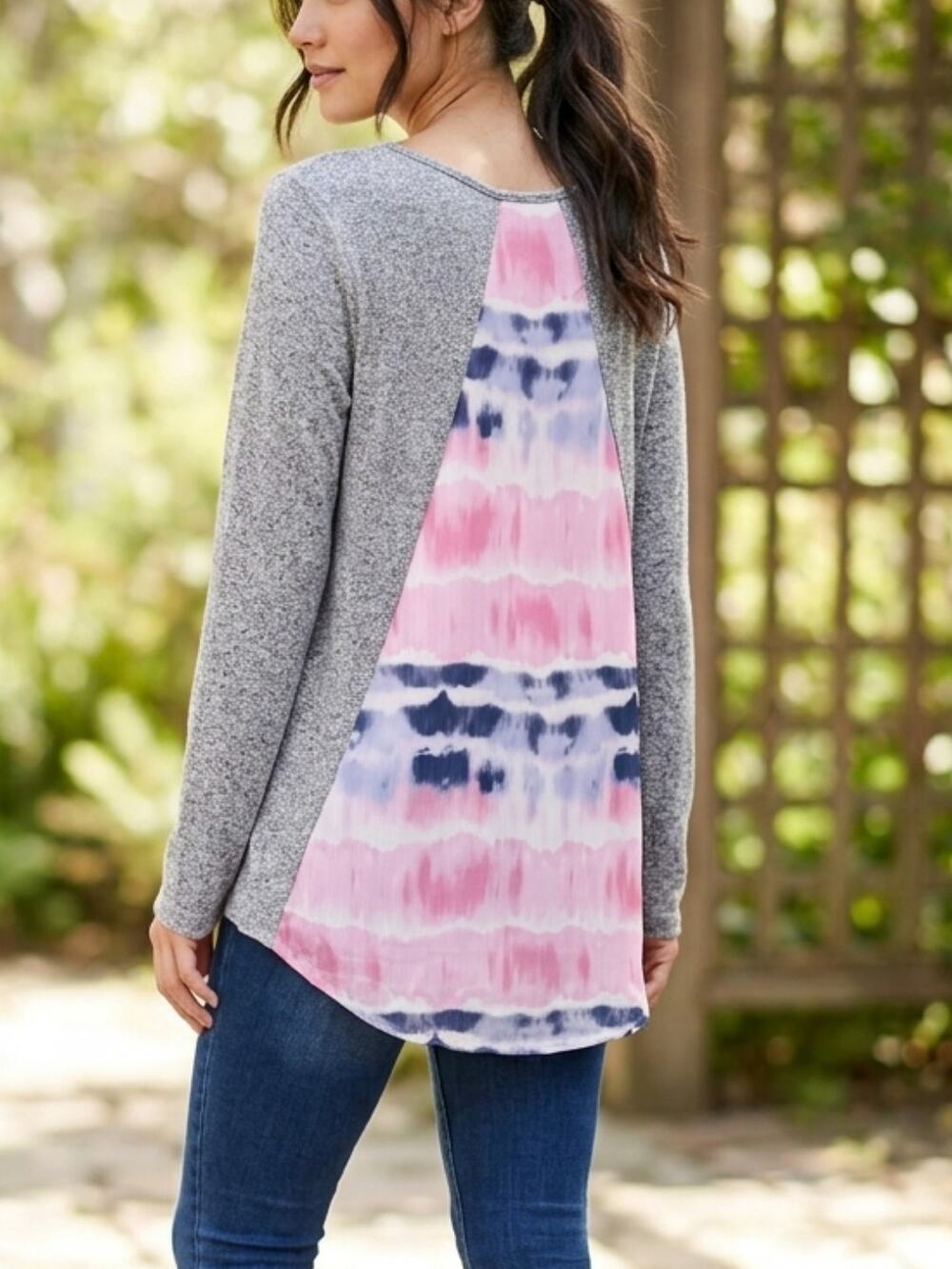 Mia & Tess Gray High Low Tie Dye Back Top L Casual Chic Pullover